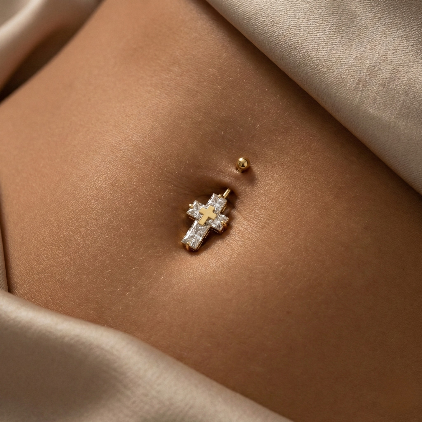 14K Gold CZ Jewelled Cross Belly Bar