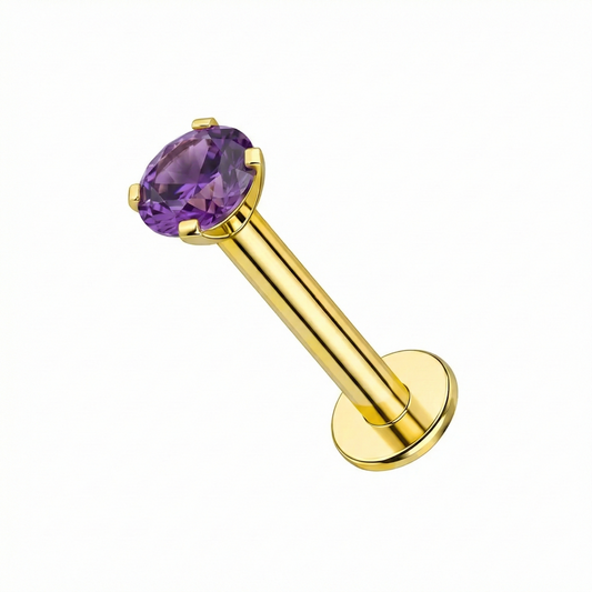 Minimal 14K Gold Amethyst Natural Stone Flatback Stud with claw-set purple amethyst and internal thread design for secure cartilage or nose piercing.