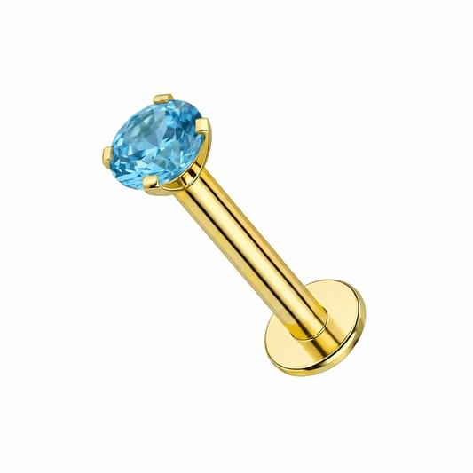14K Gold Blue Topaz Natural Stone Internal Thread Flatback Stud with claw-set design, ideal for cartilage or tragus piercings.