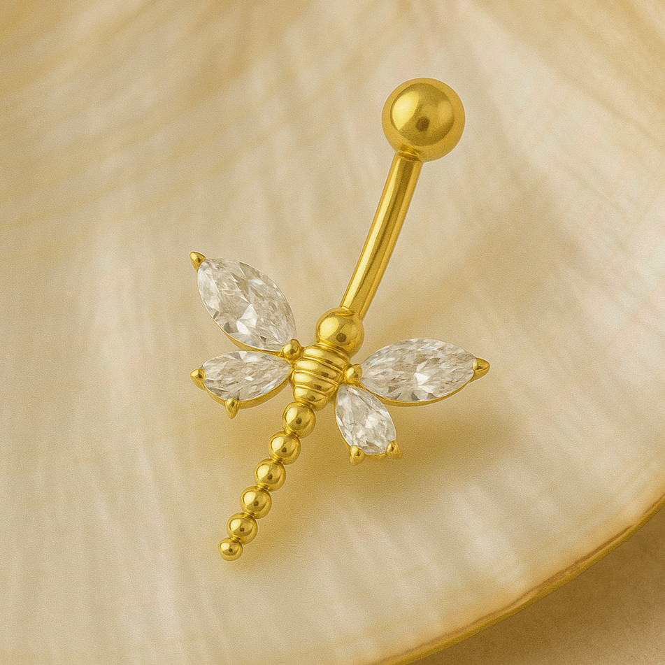 14K Gold Jewelled Dangling Dragonfly Belly Ring