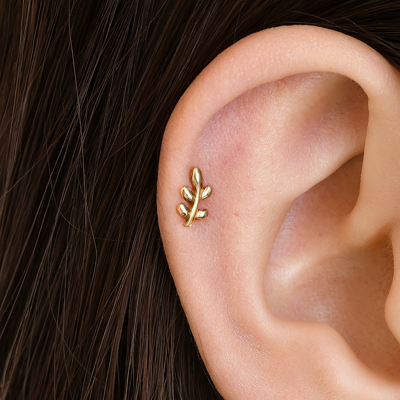 14K Gold Leaves Internally Threaded Screw Fit Stud - Monster Piercing