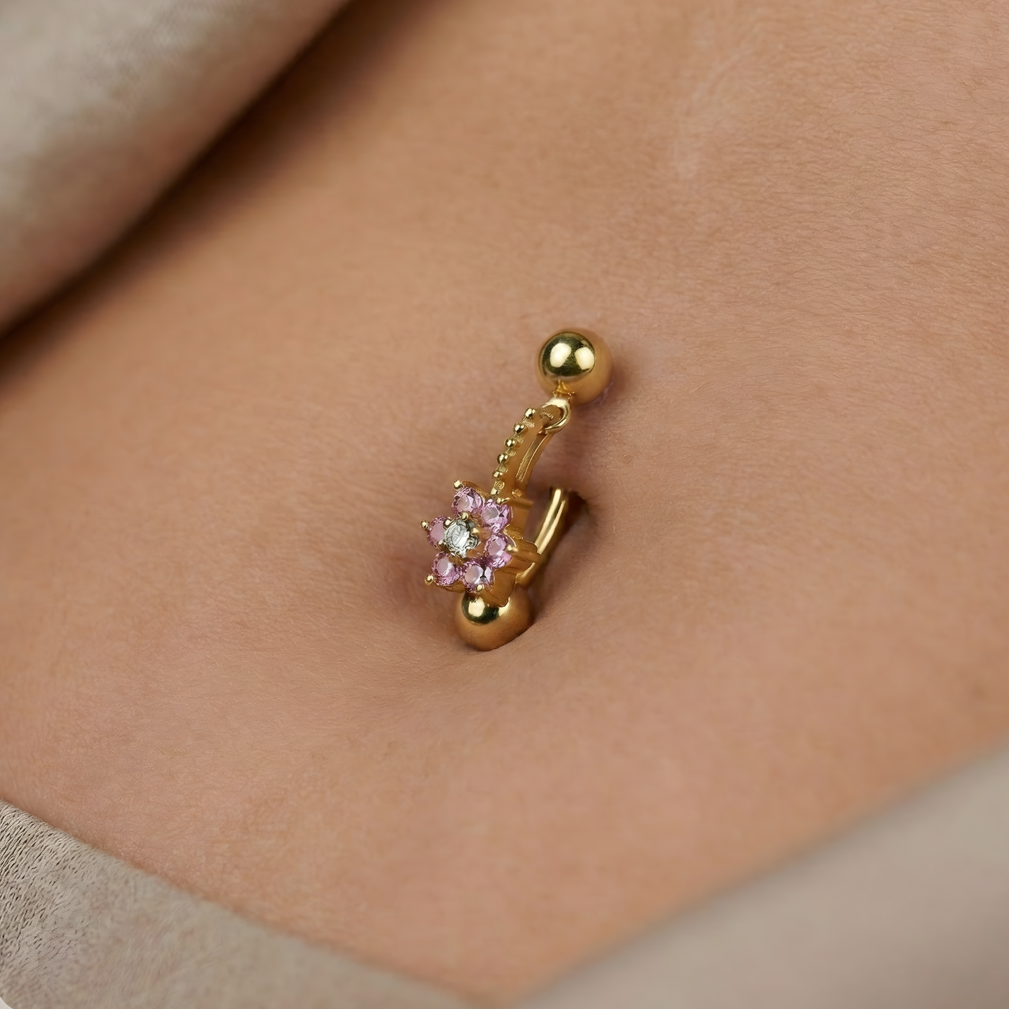 14K Gold Pink Jewelled Flower Dangling Belly Ring