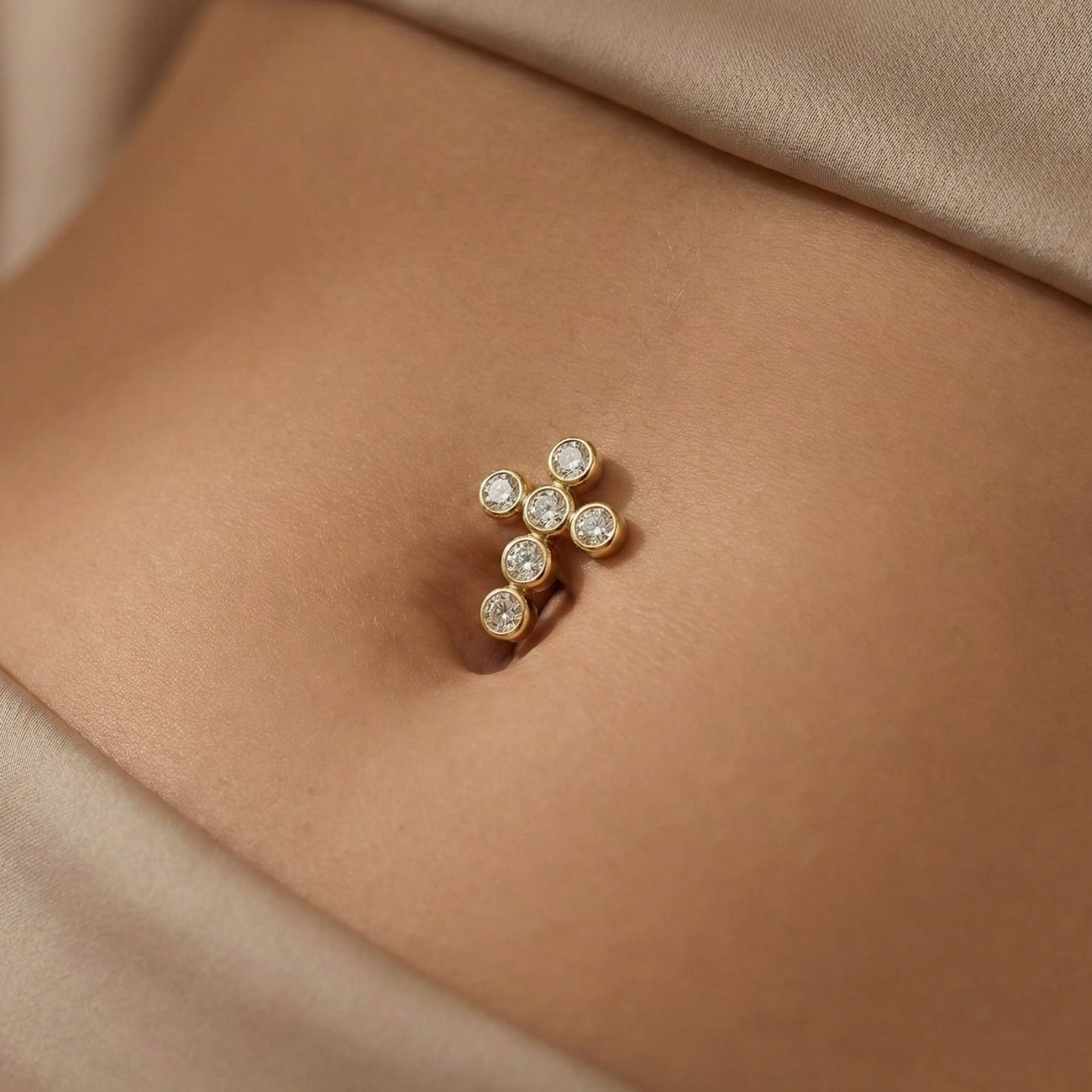 14K Gold Studded Cross Reverse Belly Ring