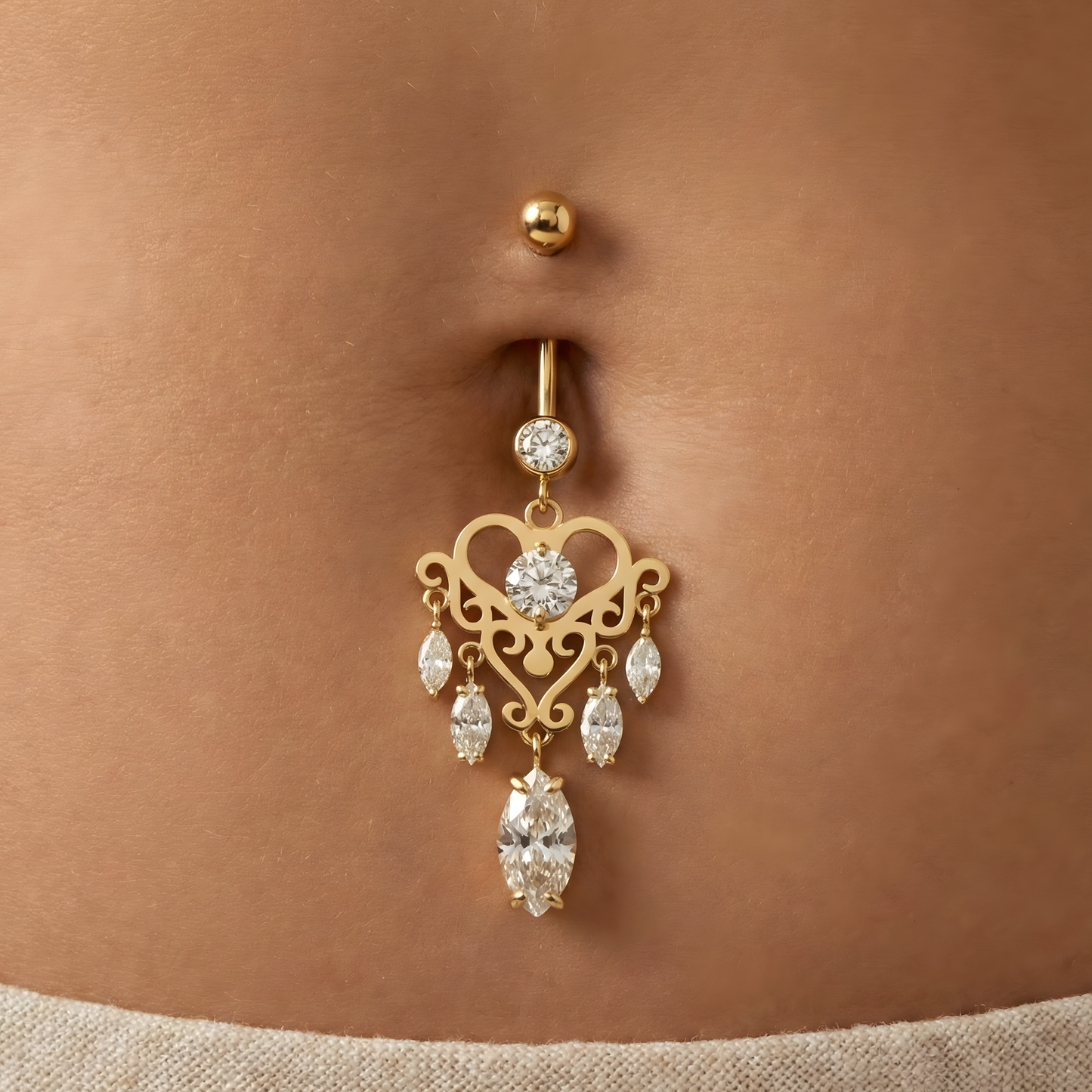 14K Gold Studded Heart Dangling Belly Ring