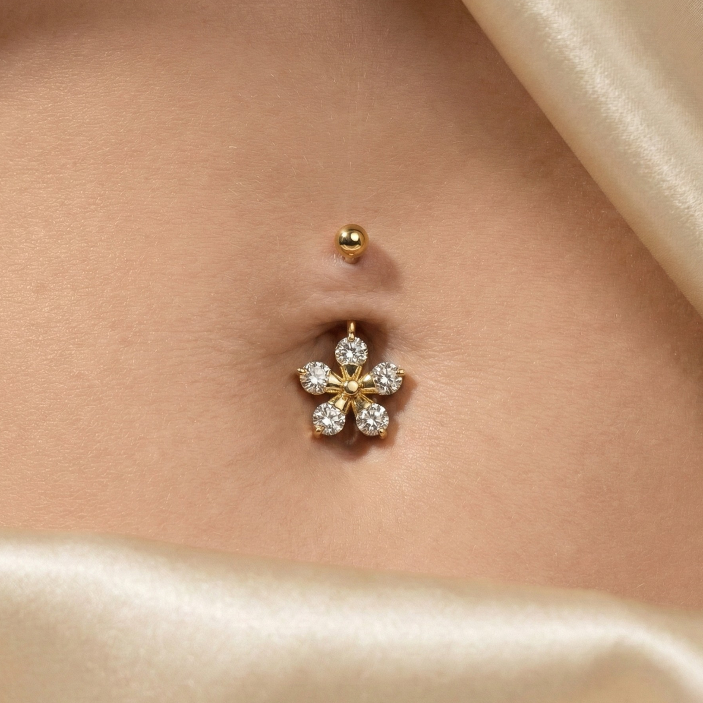14K Gold Studded Pentas Flower Belly Ring