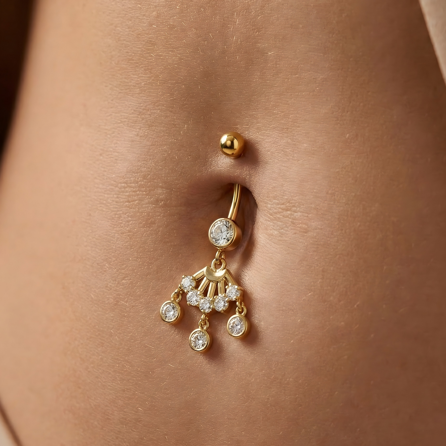 14K Gold Studded Trio Dangling Belly Ring