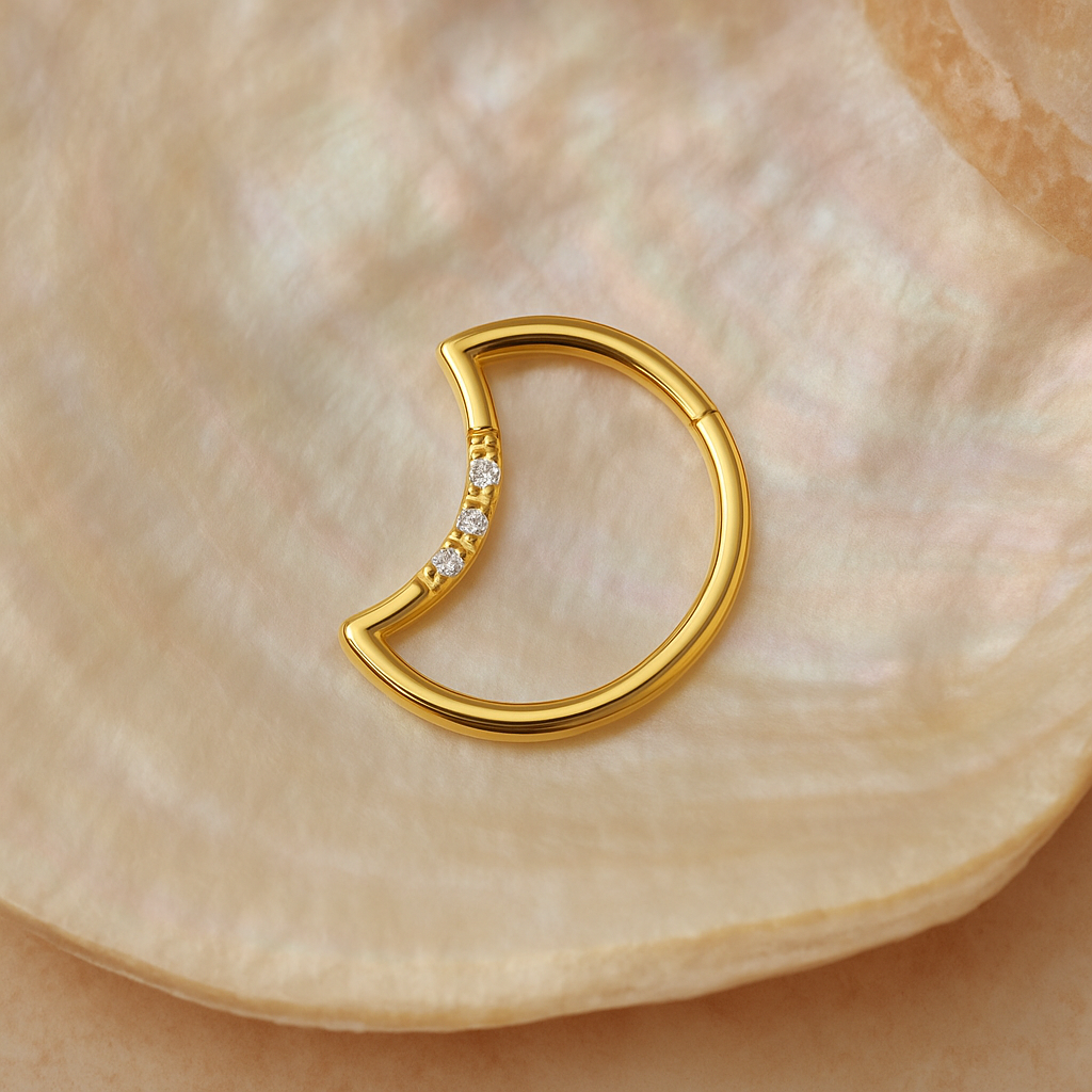 14K Gold Round CZ Jewelled Crescent Segment Clicker Ring - Monster Piercing