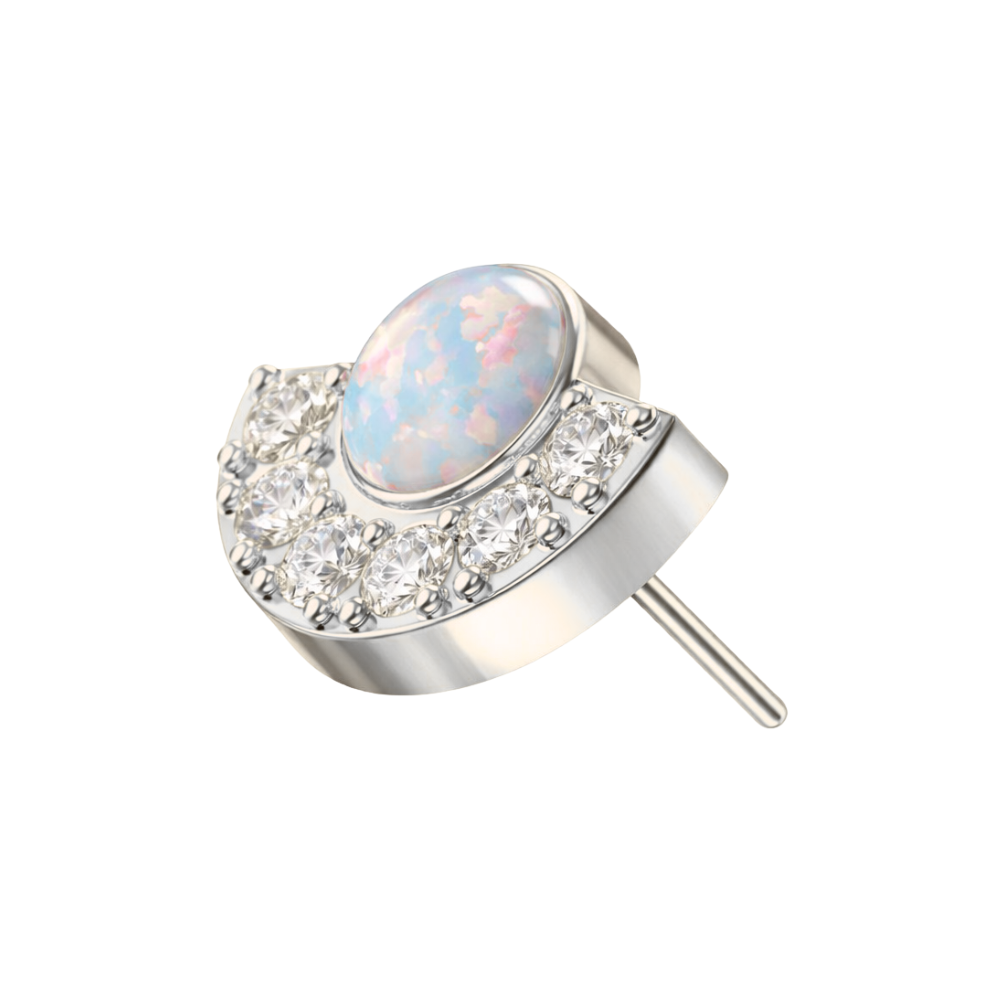 Silver G23 Titanium Crescent Threadless Top featuring white opal and sparkling CZ gems, perfect for tragus or labret jewelry.