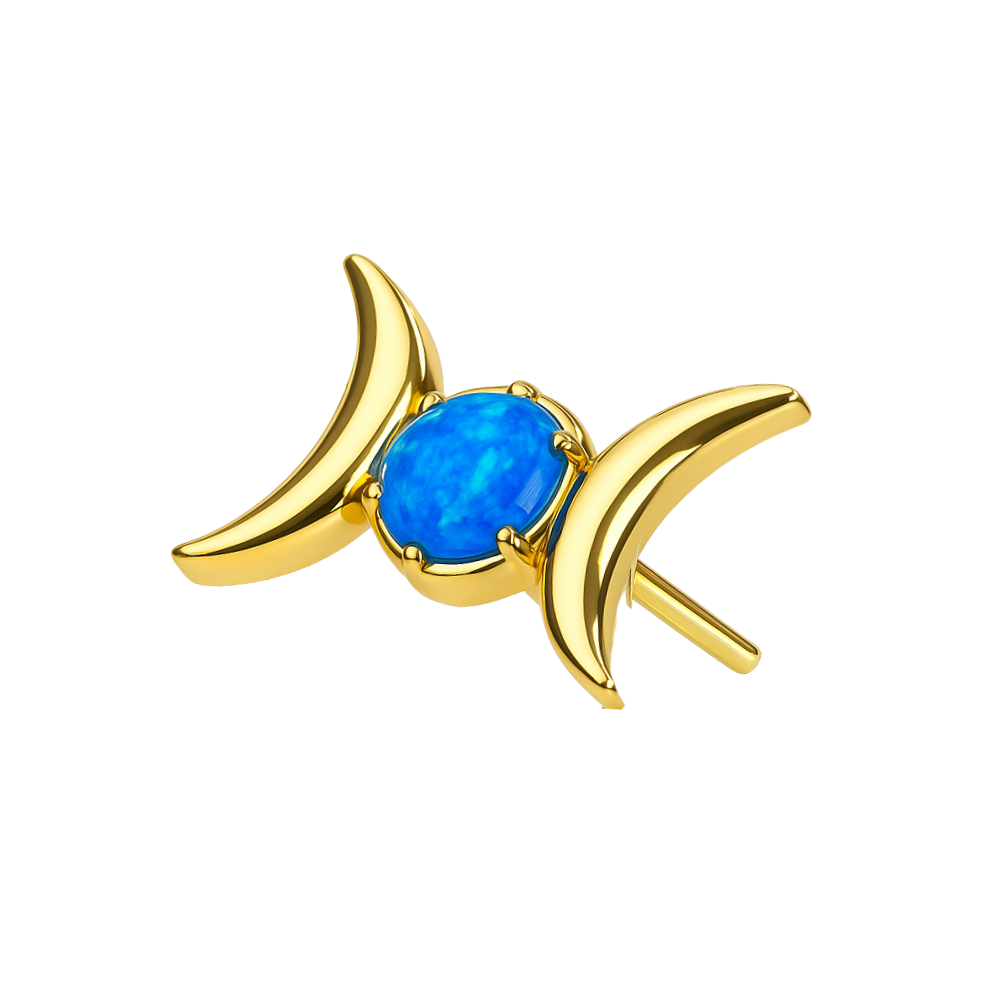G23 Titanium Celestial Moon Phase Top in gold with vibrant blue opal center, ideal for cartilage or helix piercings. Push-fit threadless design.
