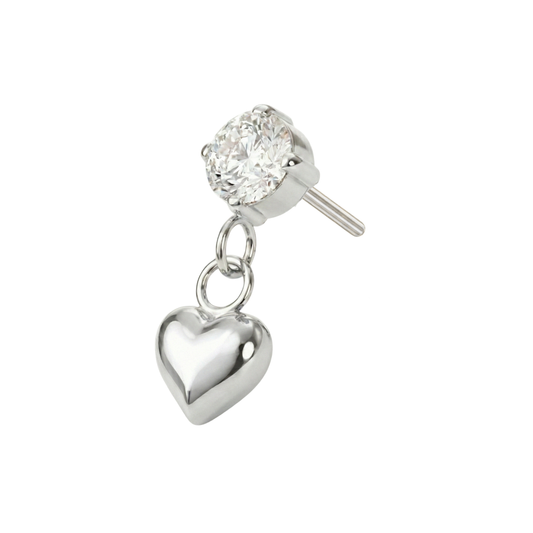 G23 Titanium Dangling Heart Charm with CZ in silver tone, threadless labret top for cartilage or helix piercings.