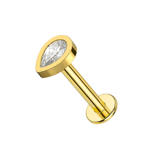 14K Gold Teardrop CZ Top With Internal Thread Base Labret