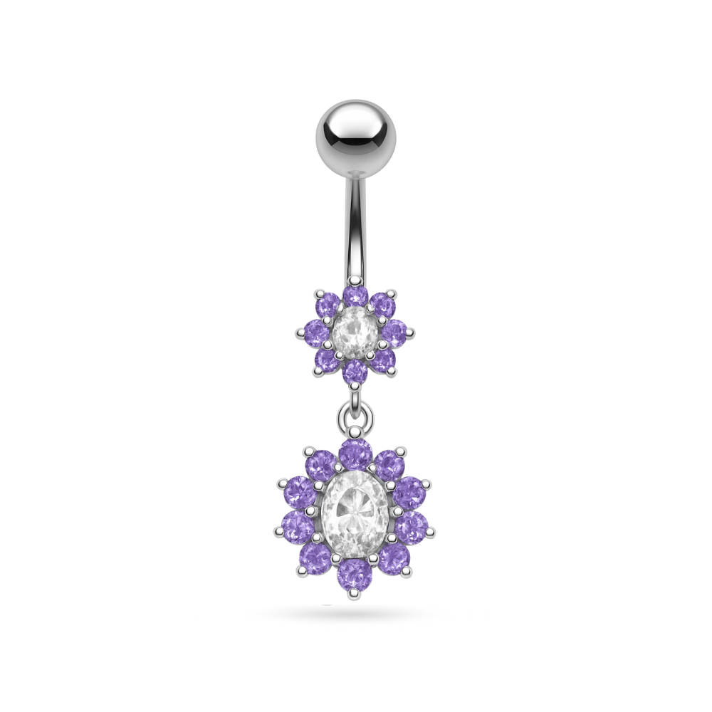 925 Sterling Silver Fancy Double Flowered  Dangling Navel Ring - Monster Piercing