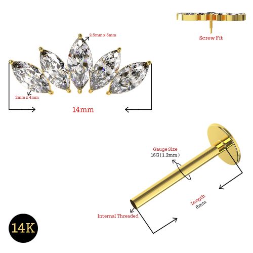 14K Gold Marquise Internal Threaded Flatback Stud - Monster Piercing