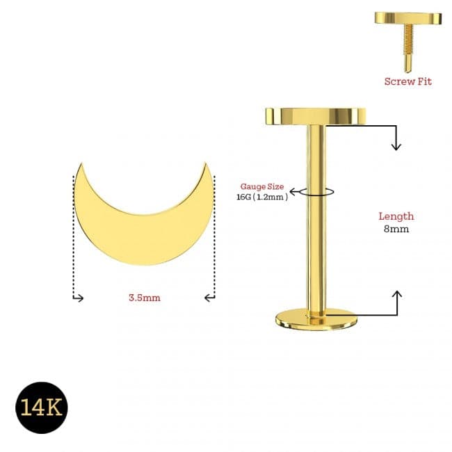 14K Gold Internally Threaded Crescent Moon Screw Fit Labret Ring - Monster Piercing