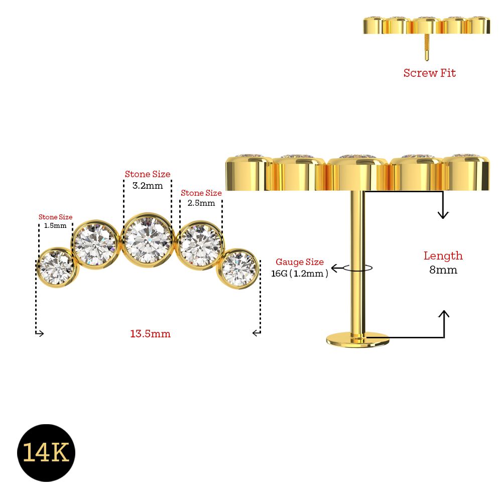 14K Gold Internally Threaded Round CZ Jewelled Bezel Set Screw Fit Stud - Monster Piercing