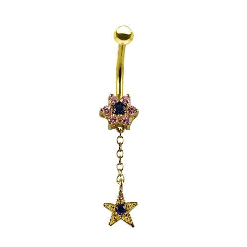 14K Gold Pink and Blue Jewelled Flower Dangling Belly Ring - Monster Piercing