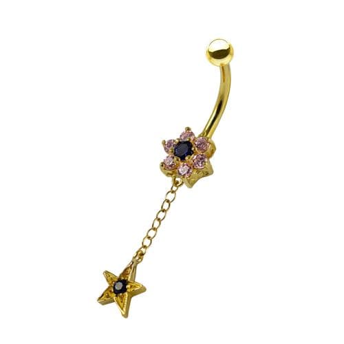 14K Gold Pink and Blue Jewelled Flower Dangling Belly Ring - Monster Piercing