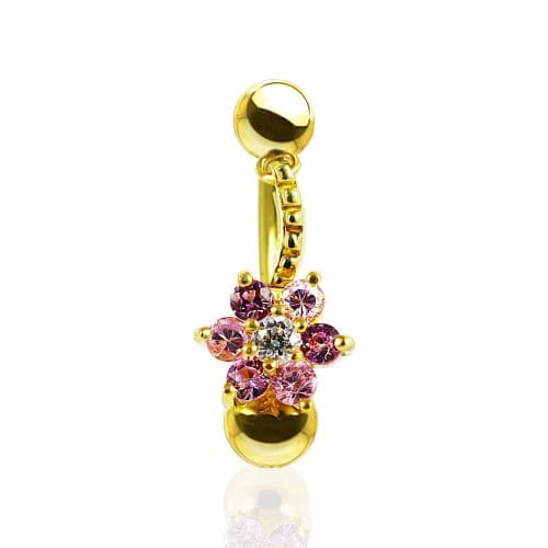 14K Gold Pink Jewelled Flower Dangling Belly Ring - Monster Piercing