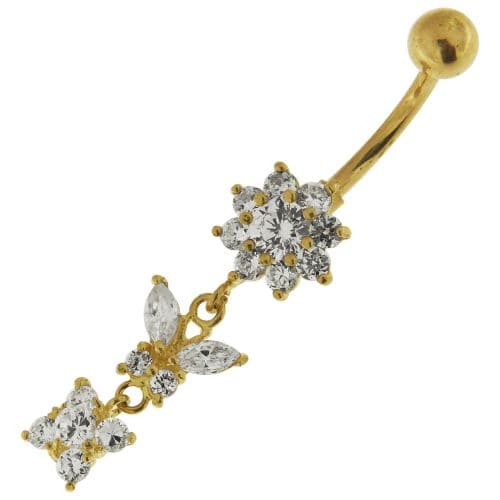 Glamorous 14ct Gold Jewelled Trio Dangling Belly Ring with cubic zirconia stones in floral and butterfly design, perfect for elegant styling.