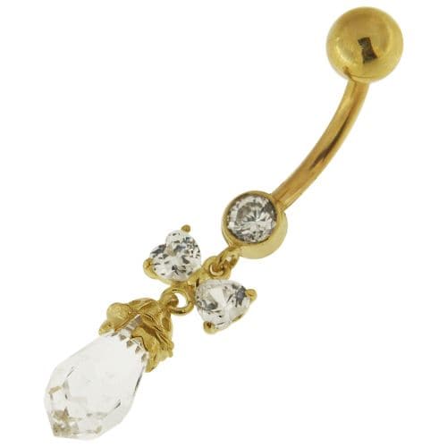 14K Gold Jewelled Dangling Bow Belly Ring with cubic zirconia