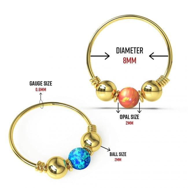 9K Gold Spring Coil end with Opal center Nose Hoop Ring - Monster Piercing