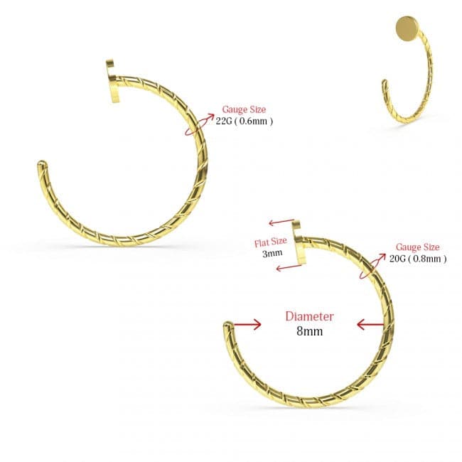 14K Gold Button Top Open Nose Hoop Laser Cut Ring - Monster Piercing