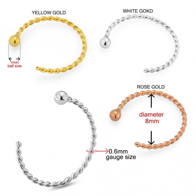 14K Gold Twister Open Hoop with Ball Nose Ring - Monster Piercing