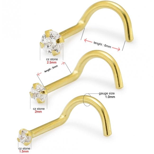 14K Gold Cubic Zirconia Set Nose Screw Stud - Monster Piercing