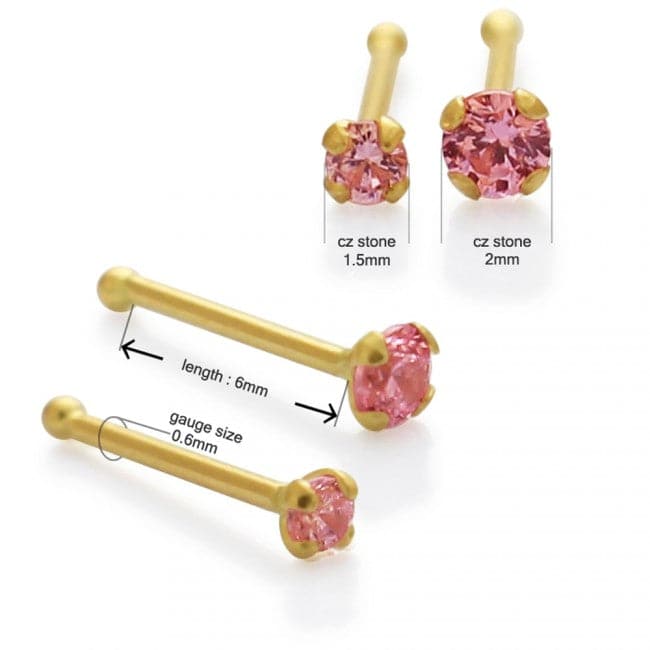 14K Gold Pink Cubic Zirconia Stone Jewelled Nose Bone - Monster Piercing