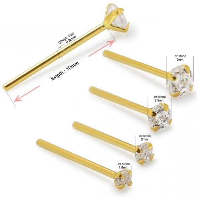 14K Gold Cubic Zirconia Stone in Prong Setting Nose Stud - Monster Piercing