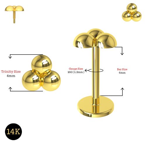 14K Gold Internally Threaded Trinity Balls Flatback Stud - Monster Piercing