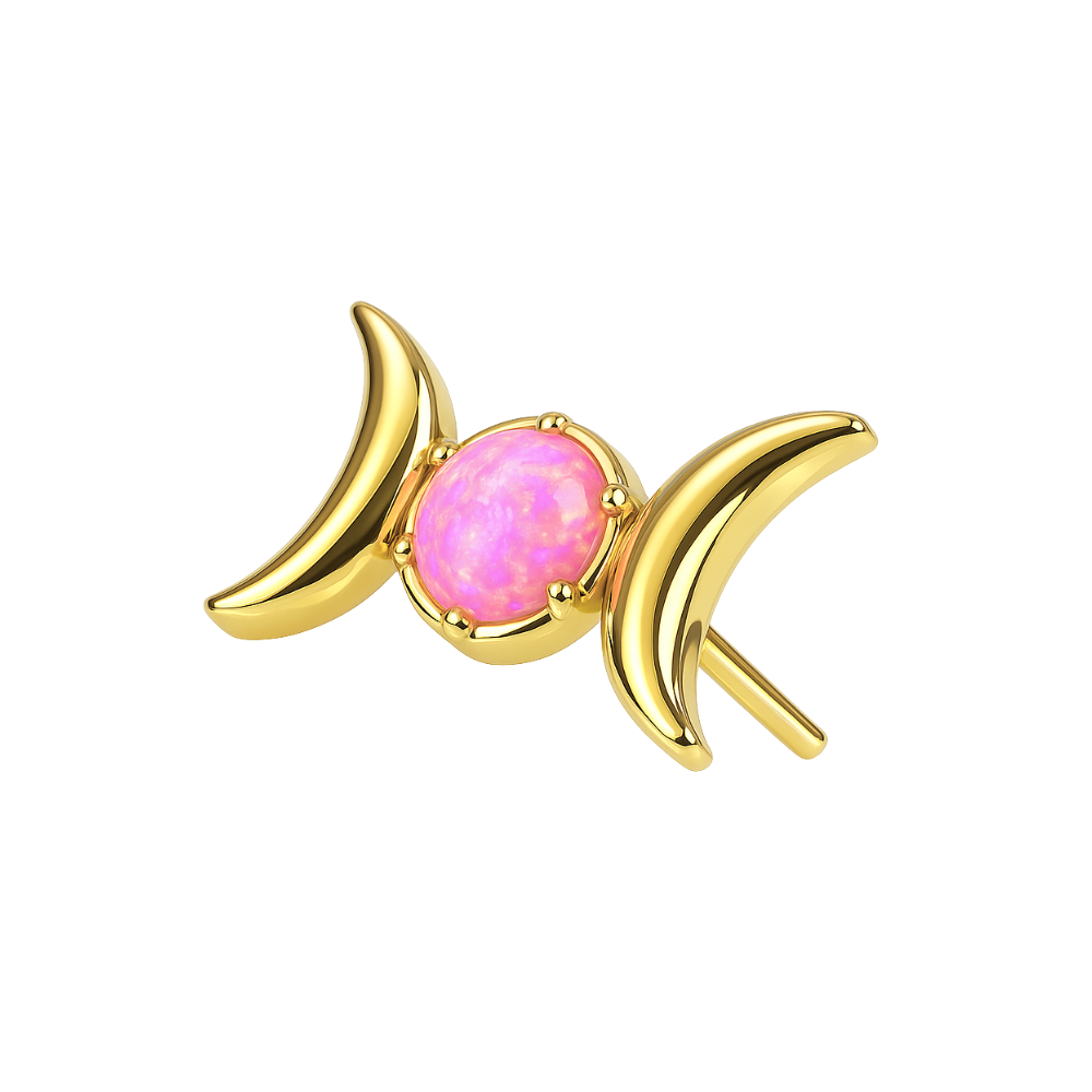 Pink opal jewel set in gold G23 Titanium Celestial Moon Phase Top, a luxurious threadless accessory for body jewelry enthusiasts.