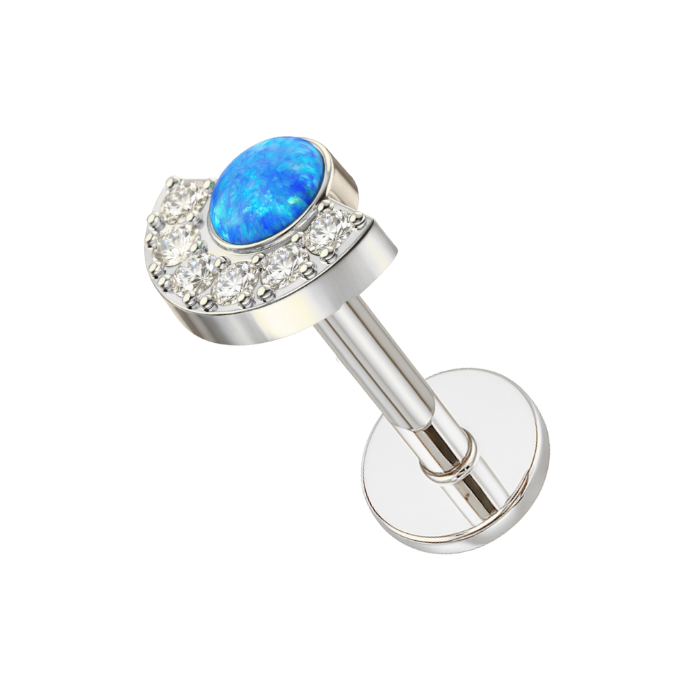 Silver G23 Titanium Crescent Stud with vivid blue opal and CZ stones, threadless flatback ideal for helix or tragus jewelry.