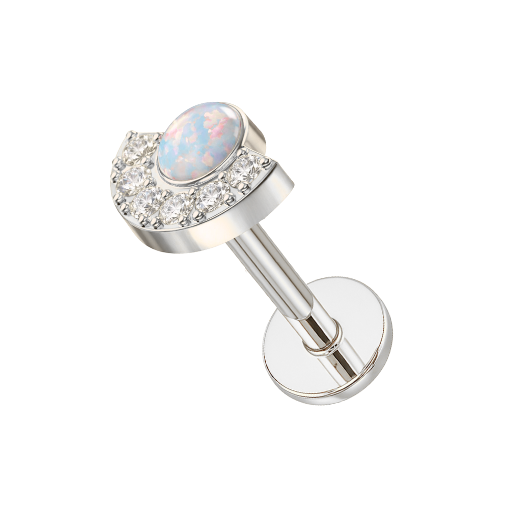 White opal Crescent Threadless Stud in silver G23 titanium with CZ accents, perfect for tragus or helix piercings with push-fit closure.