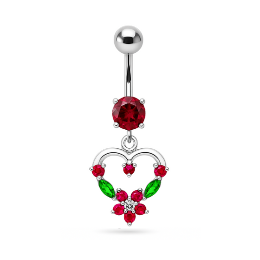 925 Sterling Silver Fancy Mix Colour Jewelled Heart Dangling SS Bar Belly Ring