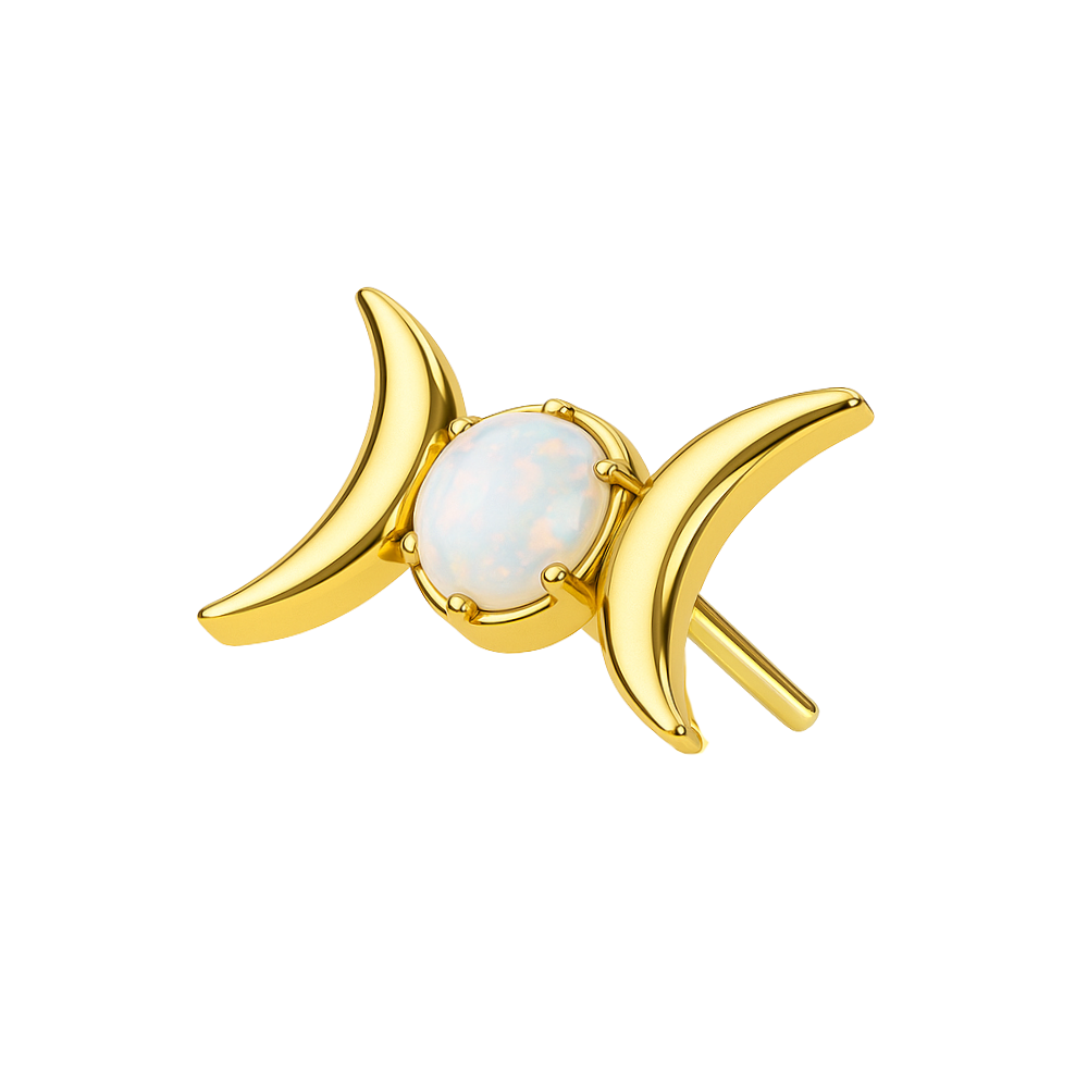 Gold-tone G23 Titanium Celestial Moon Phase Top featuring a white opal center, designed for stylish and durable body jewelry wear.