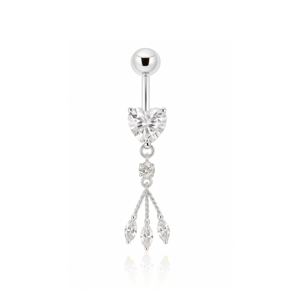 Sterling Silver Heart Belly Ring – Elegant Shine in silver with clear heart and crystal dangles, sleek and timeless for everyday wear.