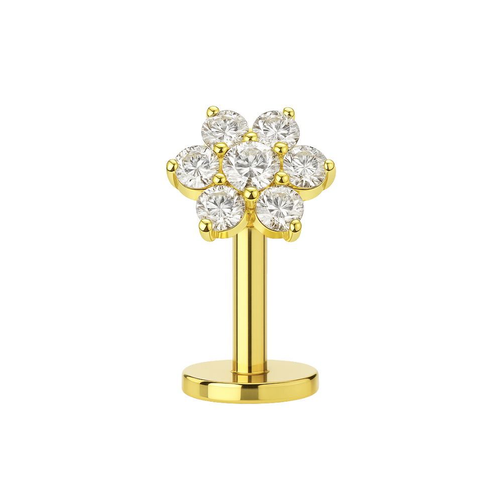 G23 titanium CZ jewelled flower threadless floating belly ring in gold with sparkling crystal petals, ideal for hypoallergenic body piercings.