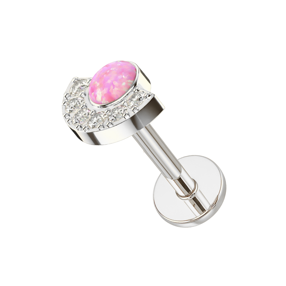 Crescent Opal & CZ Threadless Stud — G23 Titanium in silver with pink opal and CZ stones, ideal for cartilage or tragus piercings.