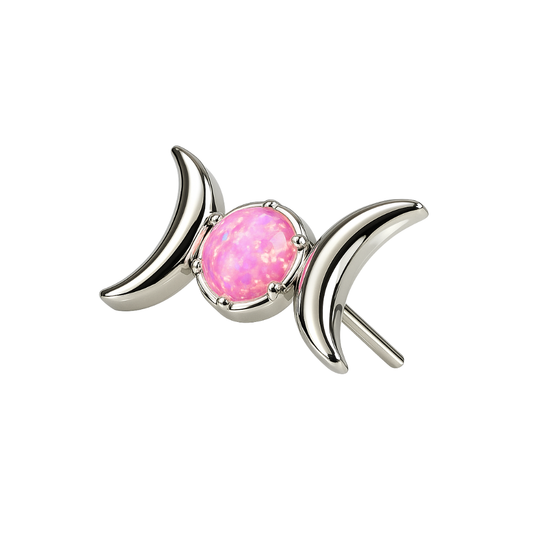 G23 Titanium Celestial Moon Phase Top with pink opal jewel in threadless push-fit design, ideal for cartilage or helix piercings.