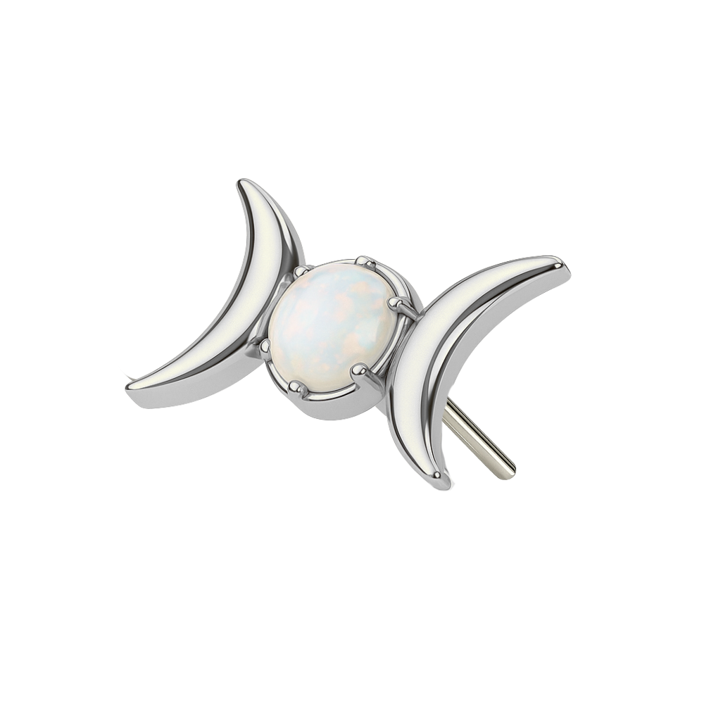 White opal G23 Titanium Celestial Moon Phase Top in silver finish, crafted for comfort and elegance in cartilage or helix piercings.