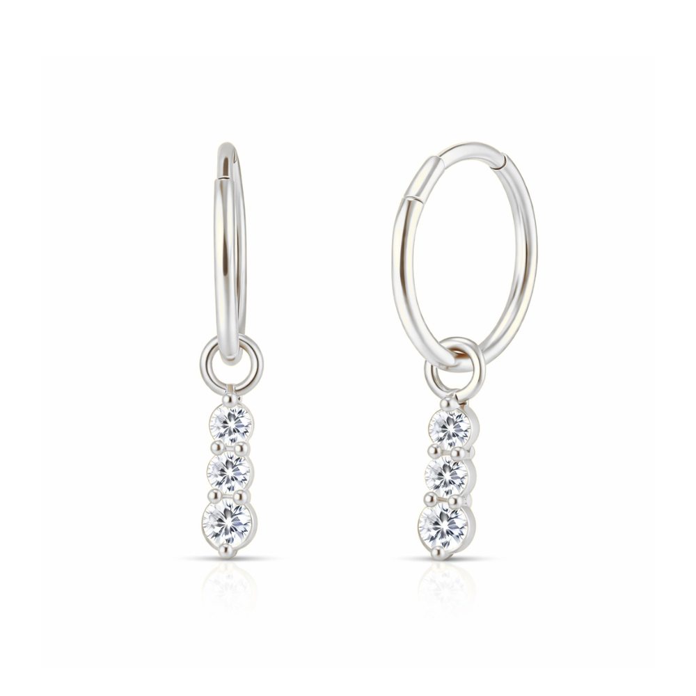 925 Sterling Silver Triple CZ Jewelled Drop Hinged Clicker Earrings