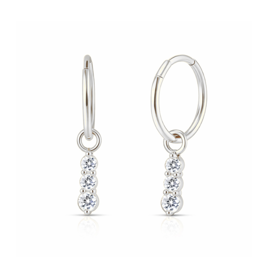 925 Sterling Silver Triple CZ Jewelled Drop Hinged Clicker Earrings