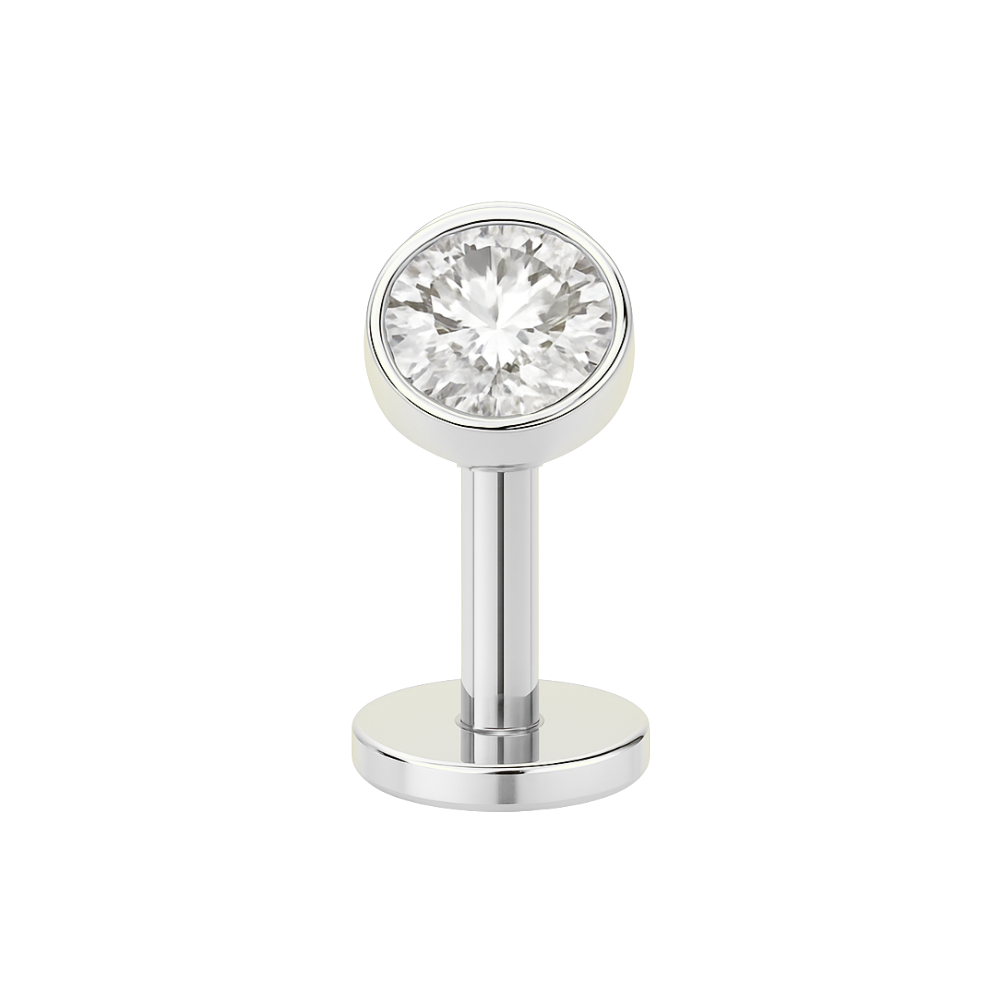 G23 Titanium Round CZ Jewelled Threadless Floating Belly Ring in polished silver with bezel-set clear CZ gem, ideal for navel piercings.