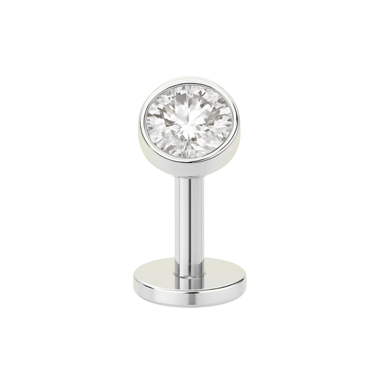 G23 Titanium Round CZ Jewelled Threadless Floating Belly Ring in polished silver with bezel-set clear CZ gem, ideal for navel piercings.