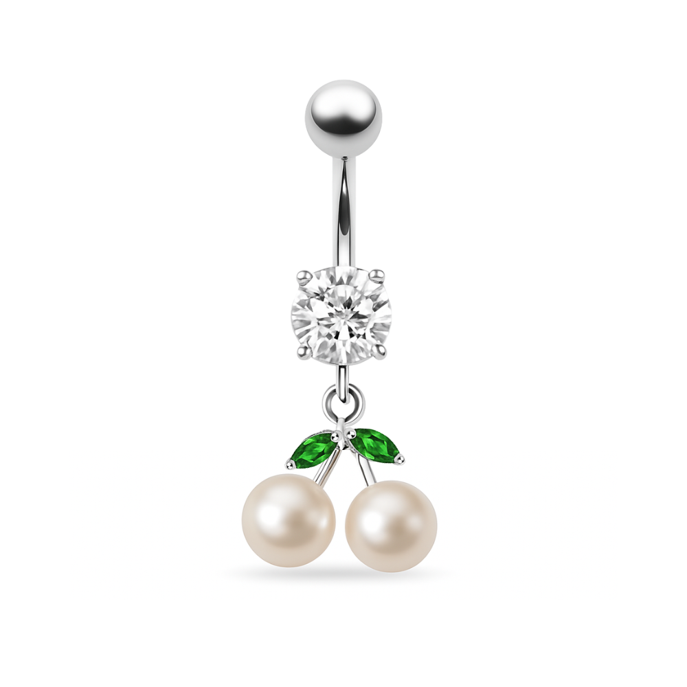 925 Sterling Silver Fancy Mix Jewelled PEARL Dangling With Curved Navel Ring - Monster Piercing