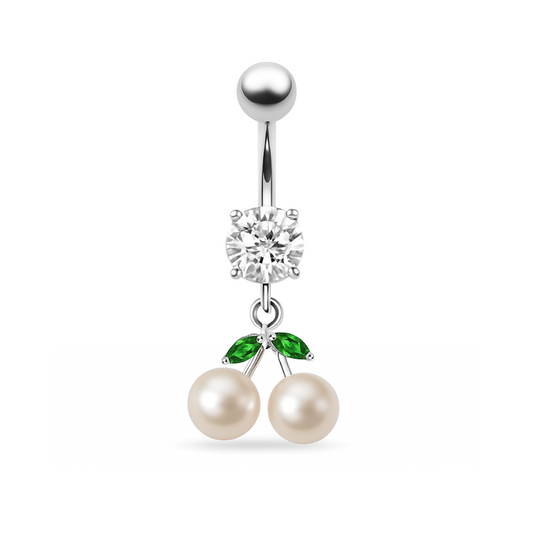 925 Sterling Silver Fancy Mix Jewelled PEARL Dangling With Curved Navel Ring - Monster Piercing