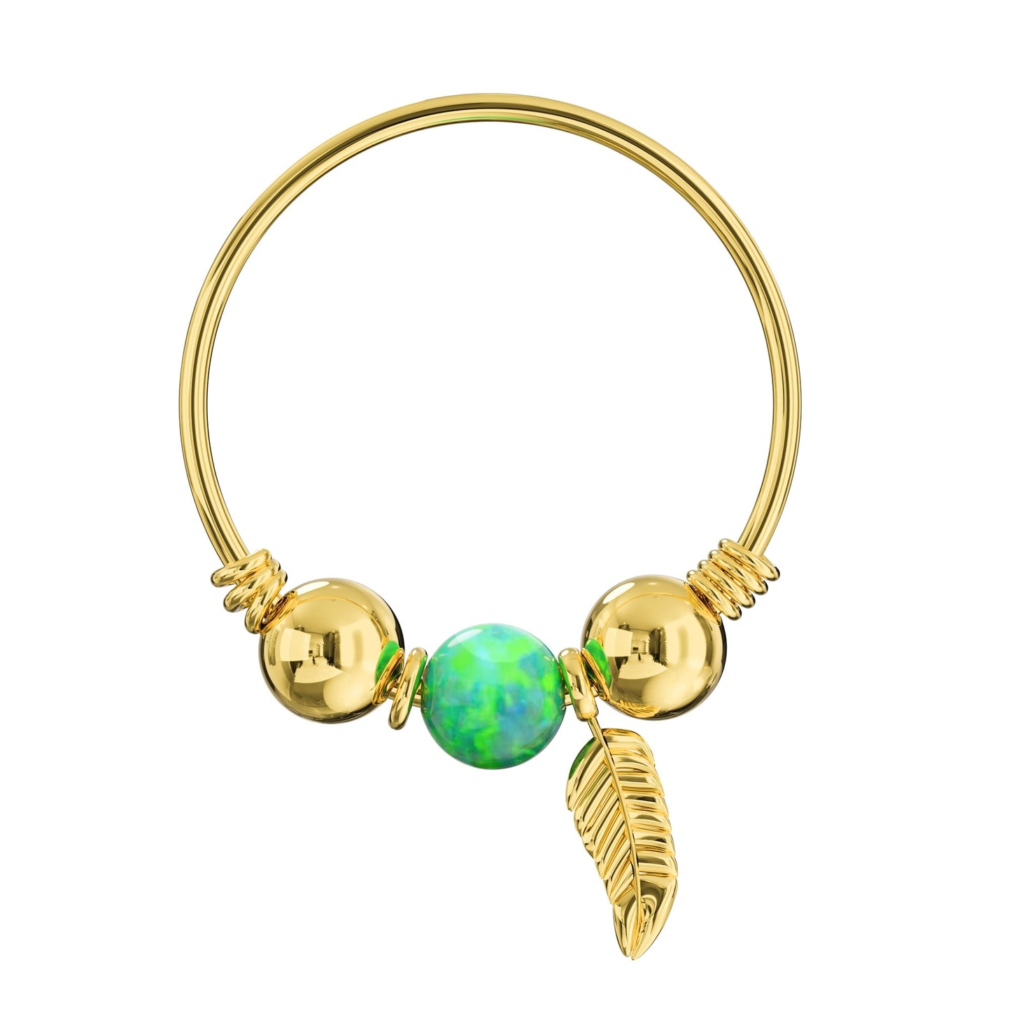 14K Gold Opal Bead with Leaf Charm Nose Hoop Ring - Monster Piercing