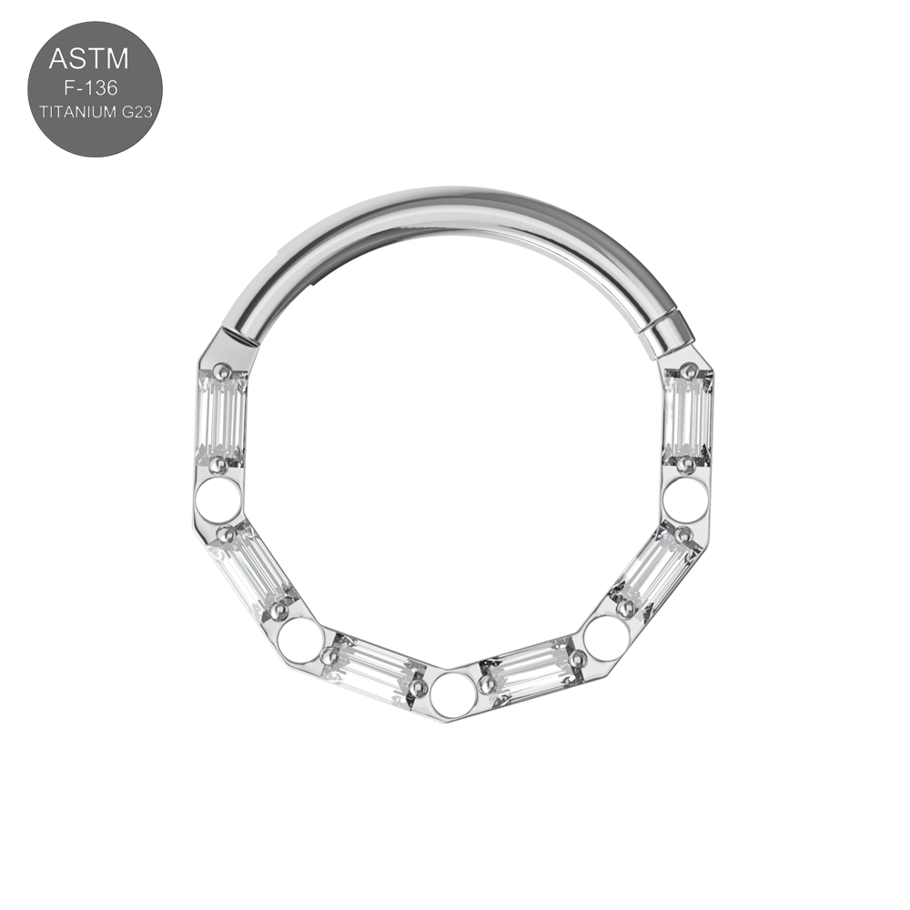 G23 Titanium Cubic Zirconia Baguette Linked Hinged Segment Clicker Ring - Monster Piercing