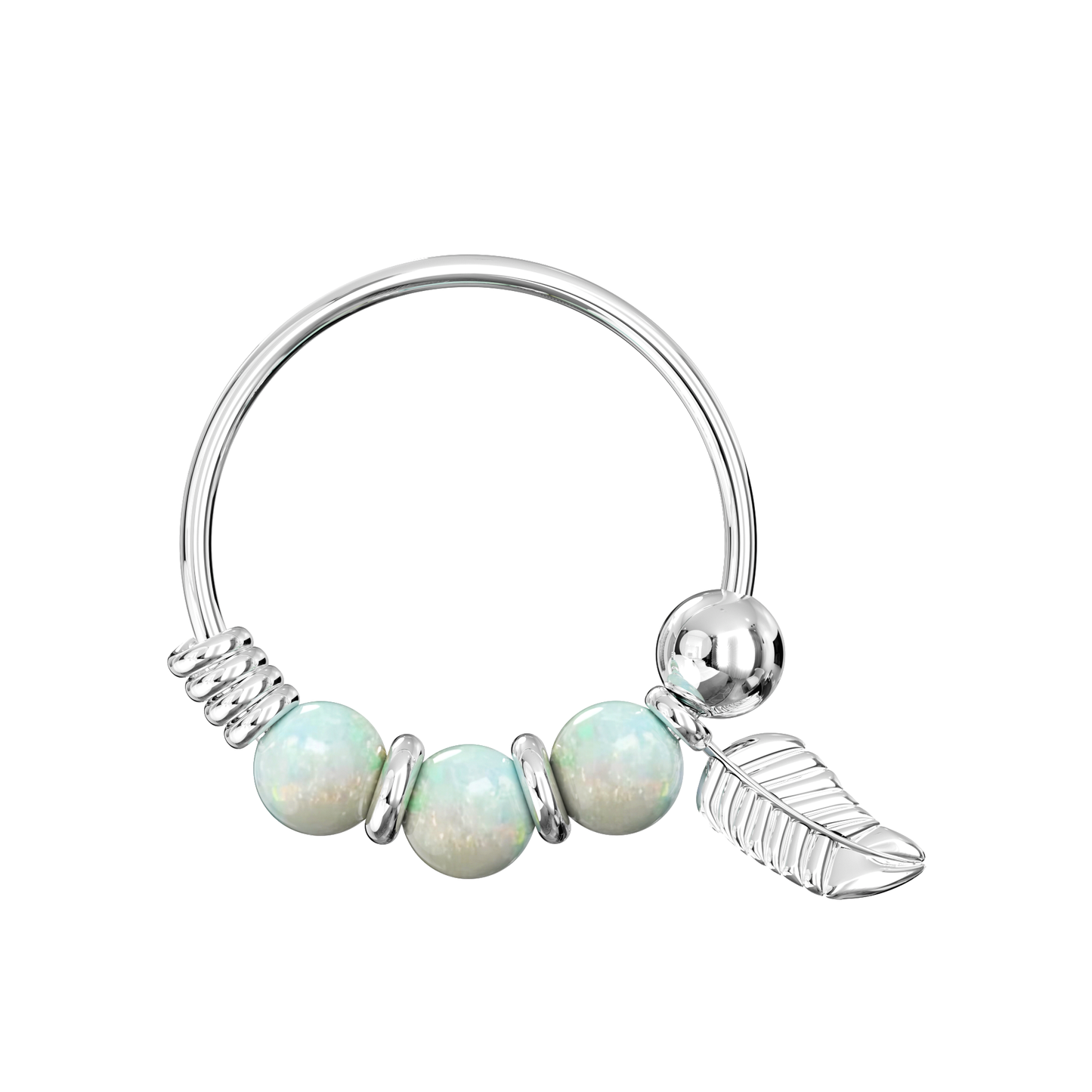925 Sterling Silver Opal Bead with Leaf Charm Nose Hoop Ring - Monster Piercing